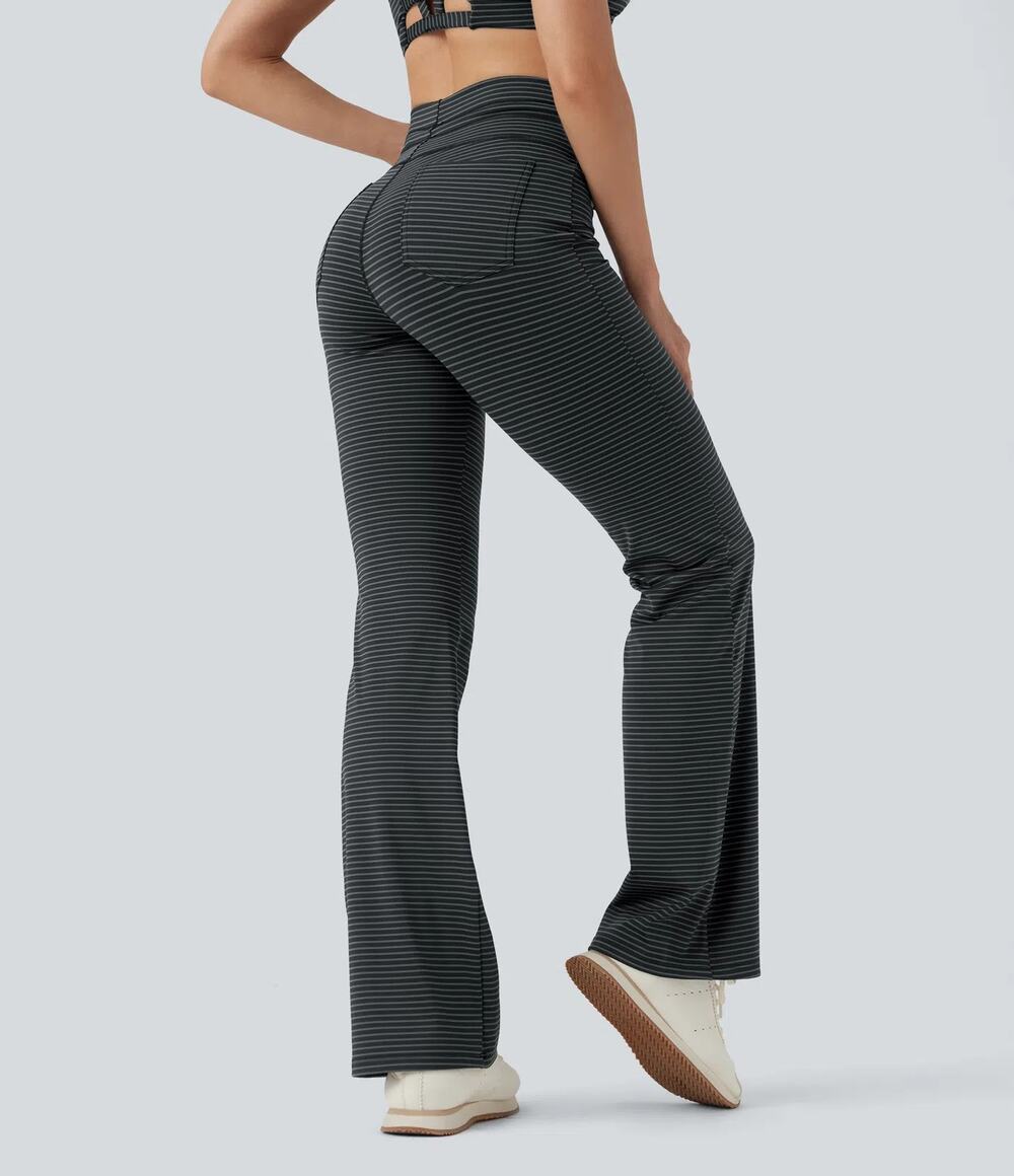 High Steel Stripe Waisted Stripe Flare Yoga Pilates Pants Pockets S Tall